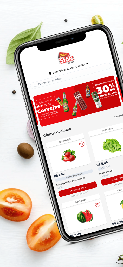 Clube Stok Center - Mobile phone screen showing grocery discounts and beer promotions on the Clube Stok Center app