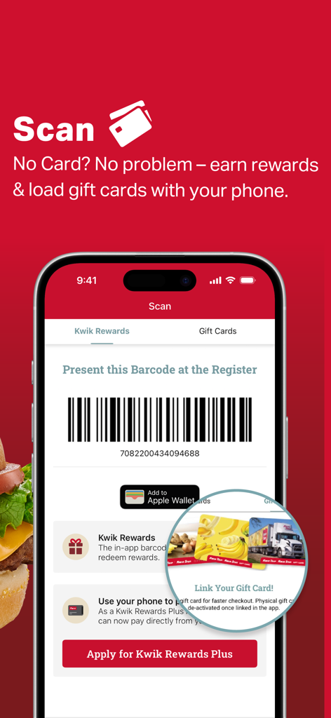 Schermata dell'app Kwik Rewards che mostra un codice a barre digitale da scansionare alla cassa per guadagnare punti e ricompense