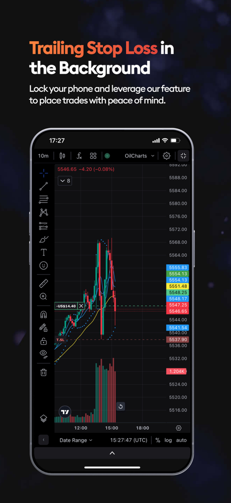Pantalla de la aplicación TradeLocker mostrando un gráfico de trading con stop loss dinámico