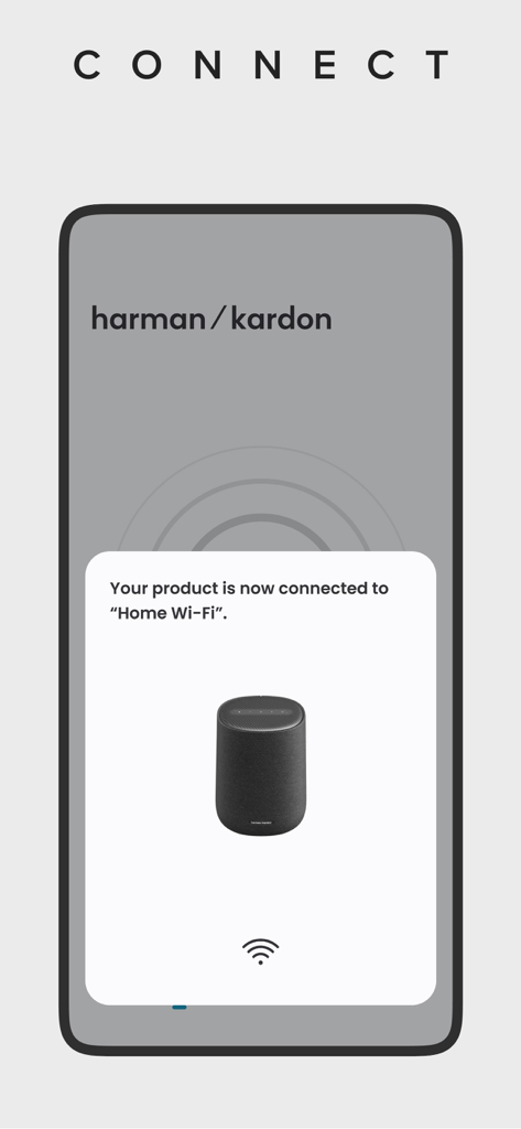 Harman Kardon One app interface confirming successful speaker connection to home wifi