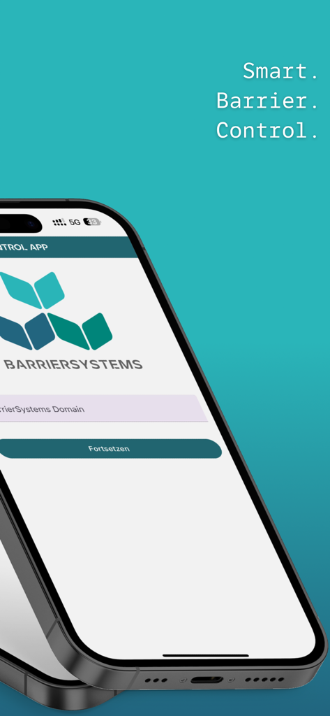 Schermata di accesso di BarrierSystems ControlApp su uno smartphone con il logo e lo slogan dell'azienda.