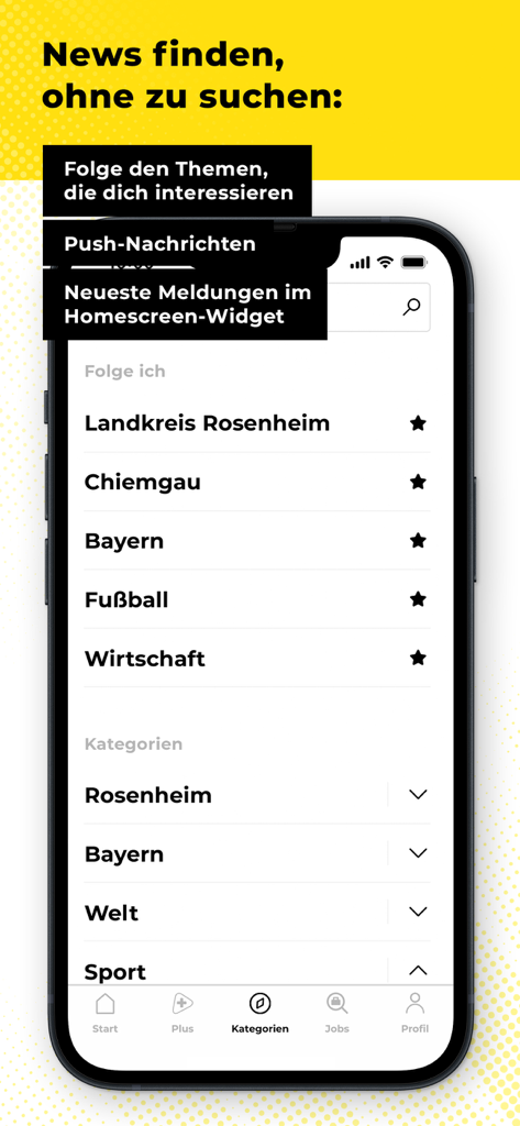 rosenheim24.de - Interfaccia dell'app rosenheim24 che mostra argomenti di notizie locali e categorie regionali per la personalizzazione.
