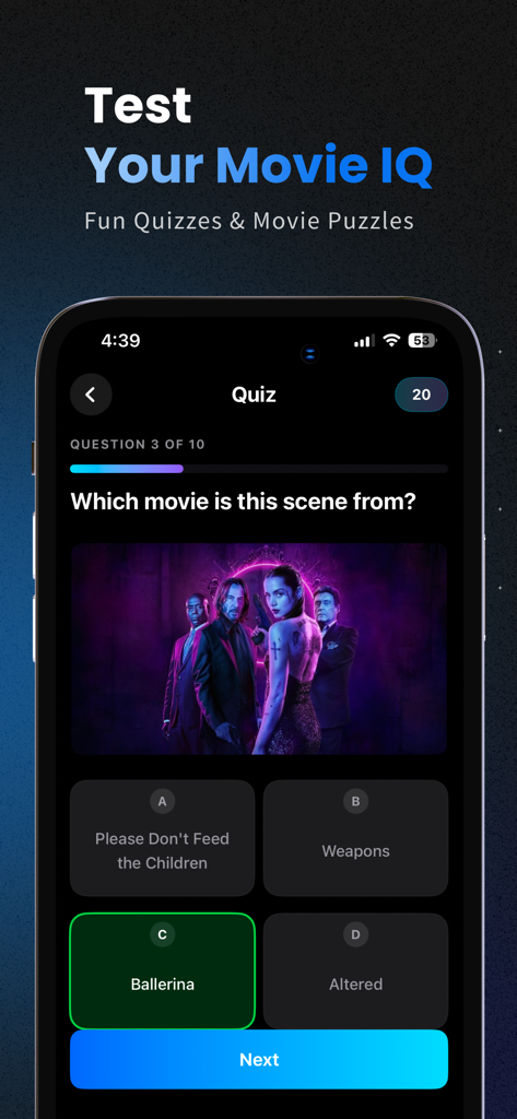 MovieBox app interface showing a cinema trivia quiz question with multiple choice answers and a movie scene