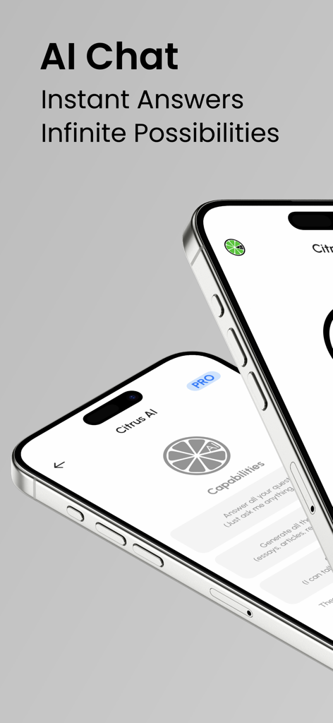 Citrus AI - Citrus AI 모바일 앱이 두 대의 iPhone에서 채팅 인터페이스와 맞춤형 AI 비서 옵션을 보여주고 있습니다.
