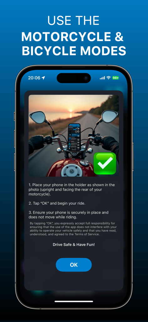 Instruções para usar os modos de motocicleta e bicicleta no aplicativo AudioDrive