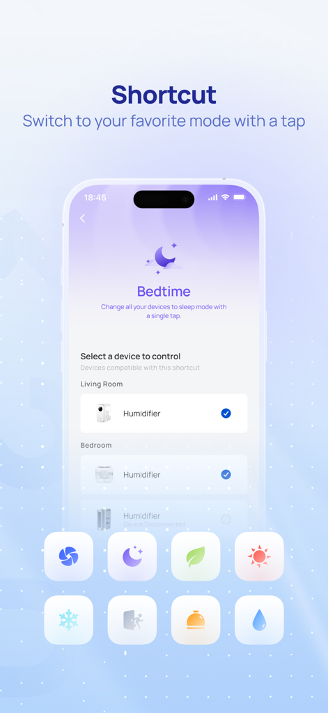 DREO - DREO app shortcut screen showing bedtime mode configuration for smart humidifiers.