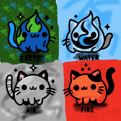 4 cats that represent the different elements, earth, water, air, and fire