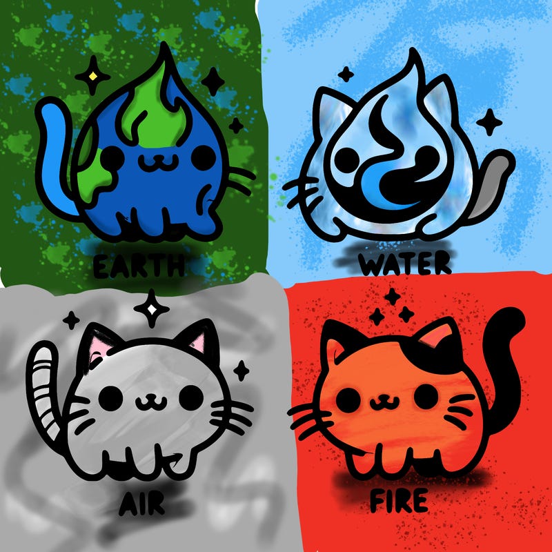 4 cats that represent the different elements, earth, water, air, and fire
