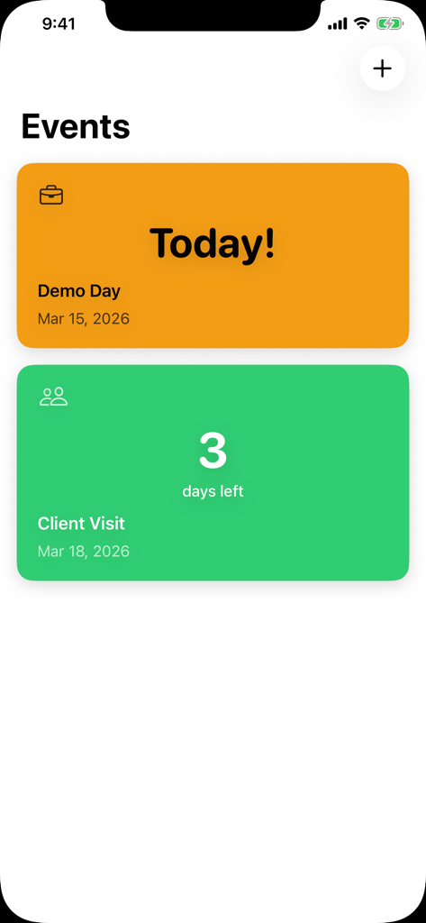 Event Countdown - Days Left - The main interface of the Event Countdown app showing colorful event cards for today and upcoming dates.