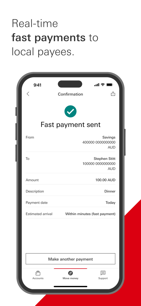 HSBC Australia - Un téléphone mobile affichant un écran de confirmation pour un paiement rapide en temps réel dans l'application bancaire HSBC Australie.