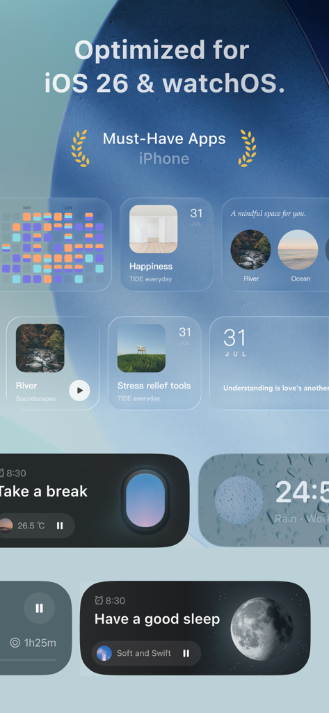 TIDE: Sleep, Focus, Meditation - A showcase of TIDE app widgets on an iOS home screen featuring sleep timers focus sessions and nature soundscapes with a minimalist design