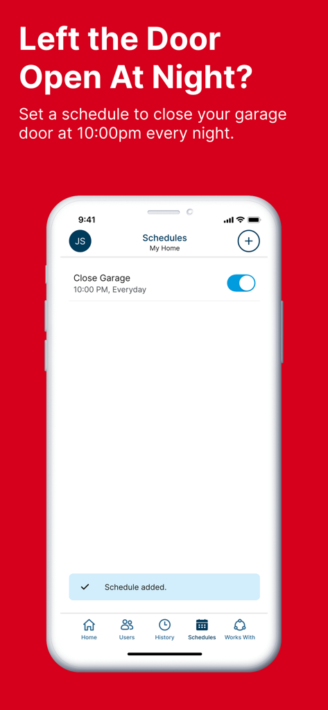 CRAFTSMAN myQ Garage Access - Craftsman myQ app screen for setting an automatic garage door closing schedule