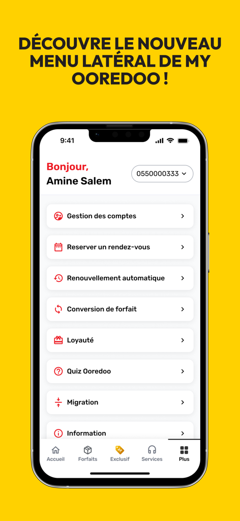 The side menu of My Ooredoo Algeria app displaying various account and service management features