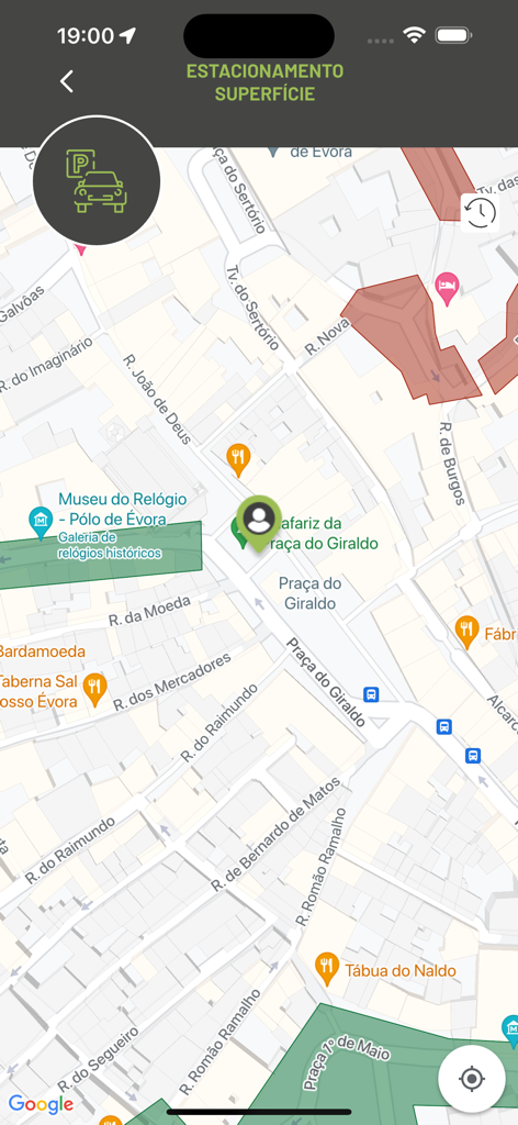 Évora Mobilidade - Vista de mapa de la aplicación Évora Mobilidade que muestra zonas de aparcamiento en superficie y navegación de la ciudad.
