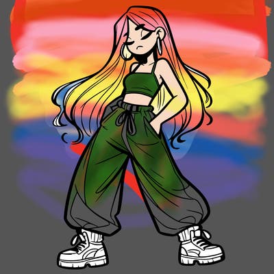 girl in baggy pants crop top and long hair