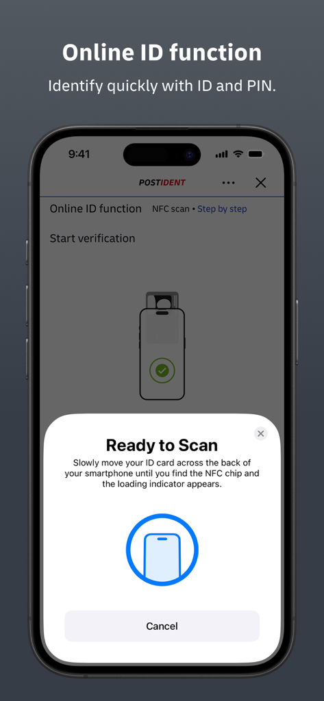 Schermata dell'app POSTIDENT per la verifica dell'ID online tramite scansione NFC