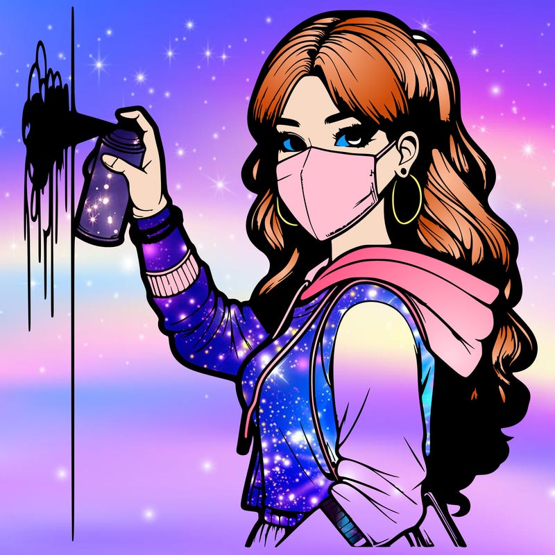 realistic girl with mask spray painting a wall