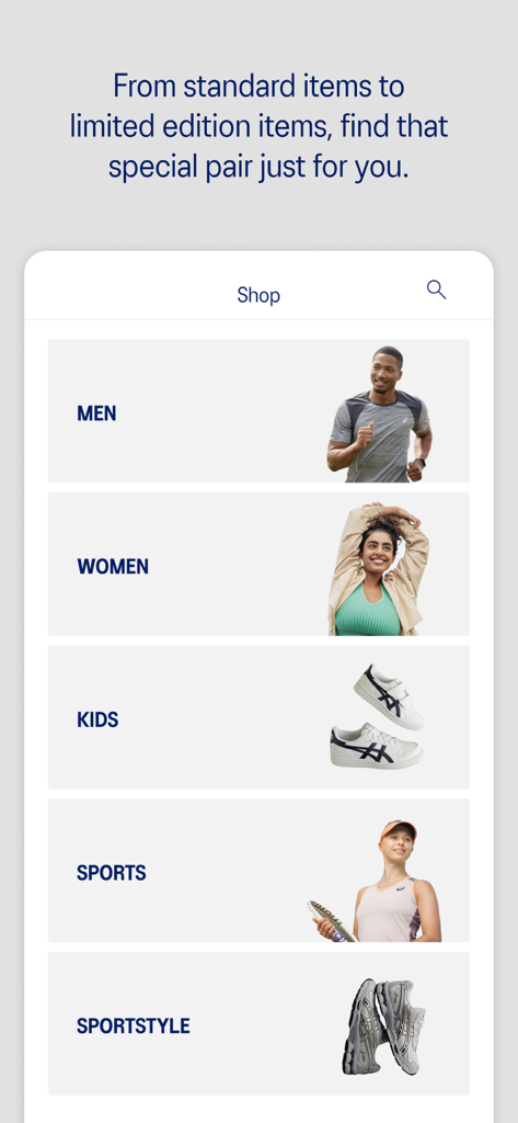 ASICS - Interface de loja do aplicativo móvel ASICS mostrando categorias de produtos para homens, mulheres, crianças e esportes