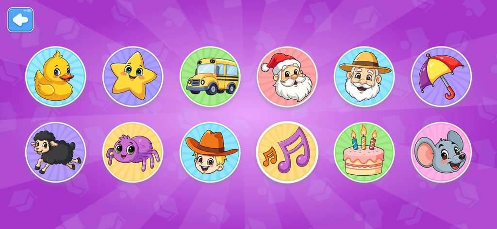Baby Piano, Drums, Xylo & more - A colorful song selection menu for toddlers featuring nursery rhyme icons like a duck, a star, and a school bus