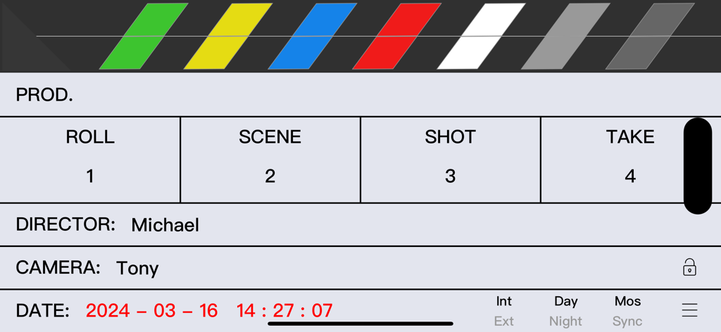 Digital film slate interface with scene and take information