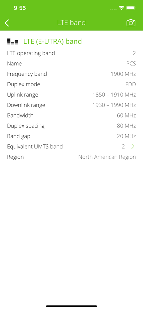LTEバンド2 PCS周波数と帯域幅の技術詳細をLTE Infoアプリに表示。