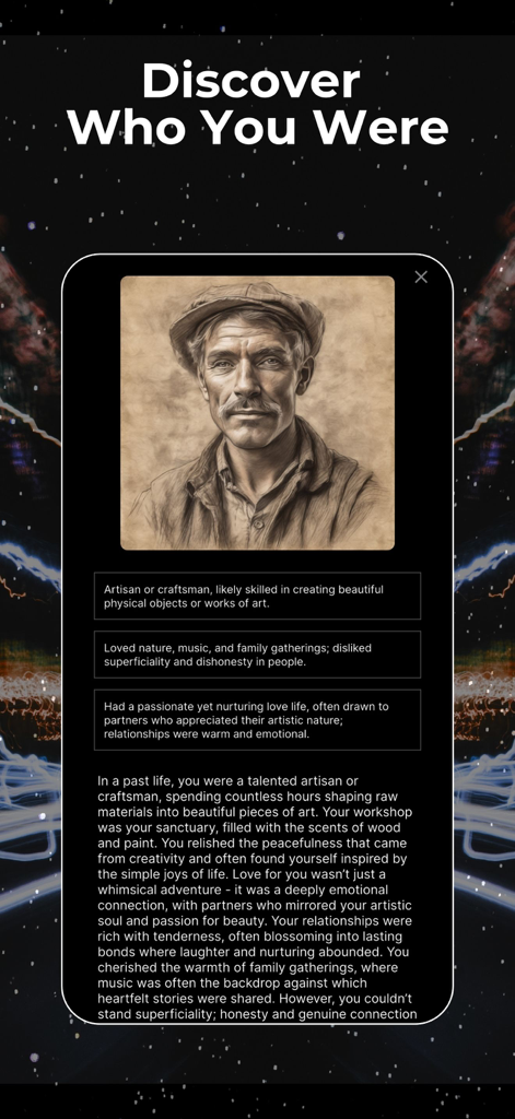 Soul - Call the Universe - Pantalla móvil de la aplicación Soul que muestra el resultado de una vida pasada con un retrato de artesano y biografía