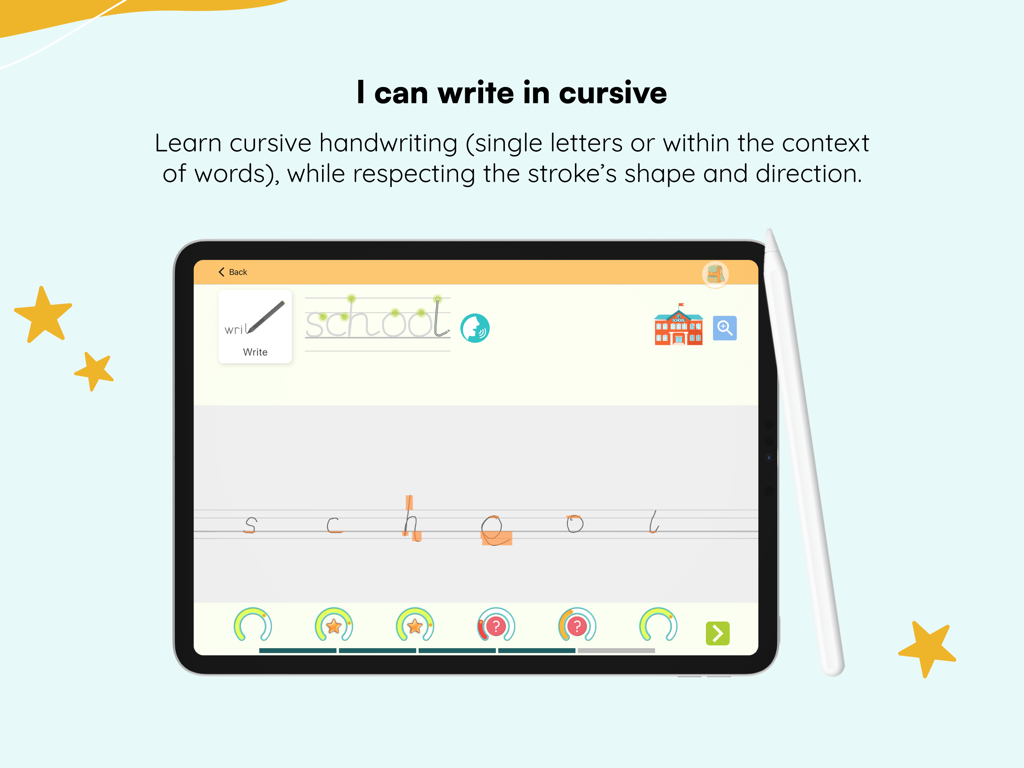 Kaligo - Kaligo app interface showing a cursive handwriting exercise for the word school on an iPad with a stylus.