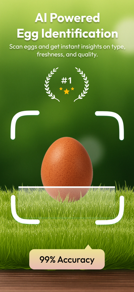 AI Bird Egg Identifier - KI-Vogel-Ei-Identifikator-App-Bildschirm scannt ein braunes Ei in einem grasbewachsenen Feld mit neunundneunzigprozentiger Genauigkeit