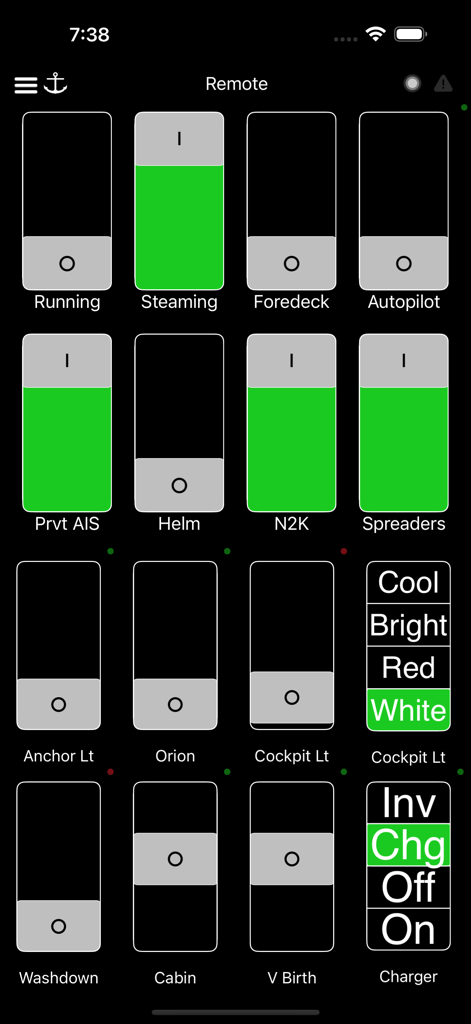 WilhelmSK - WilhelmSK marine app remote dashboard showing control switches for boat systems like lights and autopilot