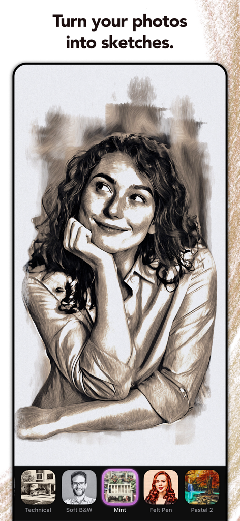 Eine professionelle Bleistiftskizze einer lächelnden Frau, erstellt aus einem Foto mit der Graphite-App