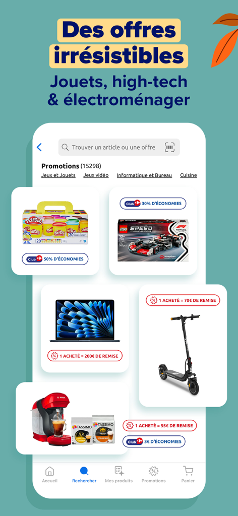 Carrefour & sa carte Club - Carrefour mobile app screen showcasing promotional deals on toys, electronics, and household appliances.