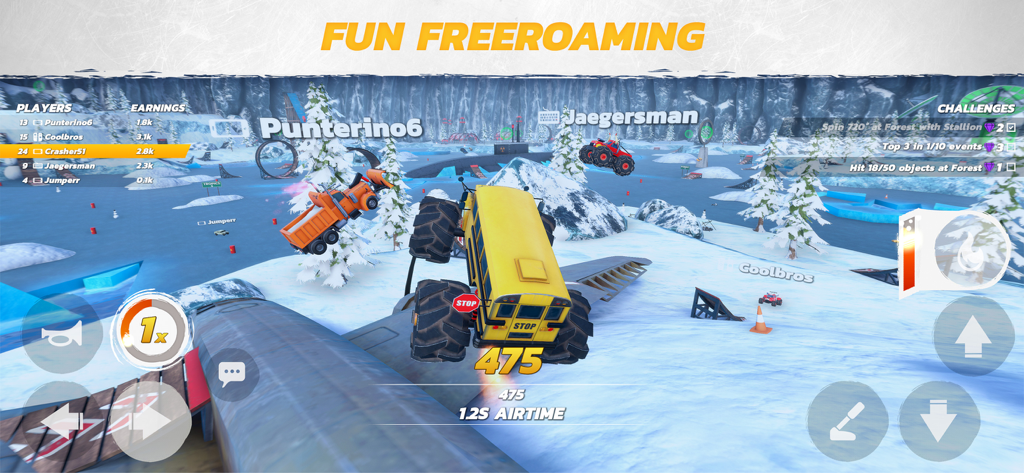 Crash Drive 3 - Un autobús escolar monster truck amarillo realizando acrobacias en un entorno ártico nevado en Crash Drive 3