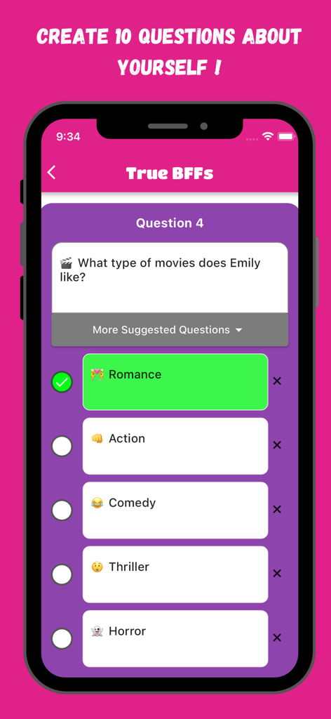 TrueBFF- BFF Test - A mobile screen from the TrueBFF app showing a user creating a personalized quiz question about their favorite movie genre.