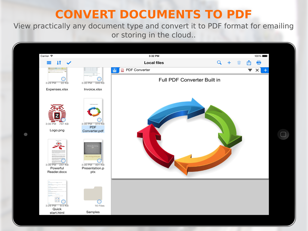 PrintCentral Pro - iPad screen of PrintCentral Pro showing the built-in feature to convert various document types into PDF files