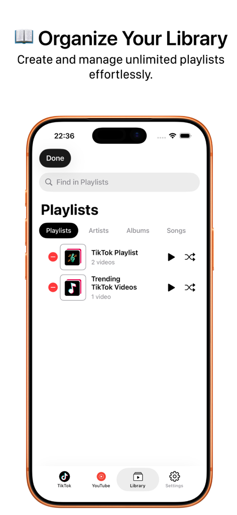 PlayListic: Background Player - User interface of PlayListic app showing organized TikTok music playlists in the library
