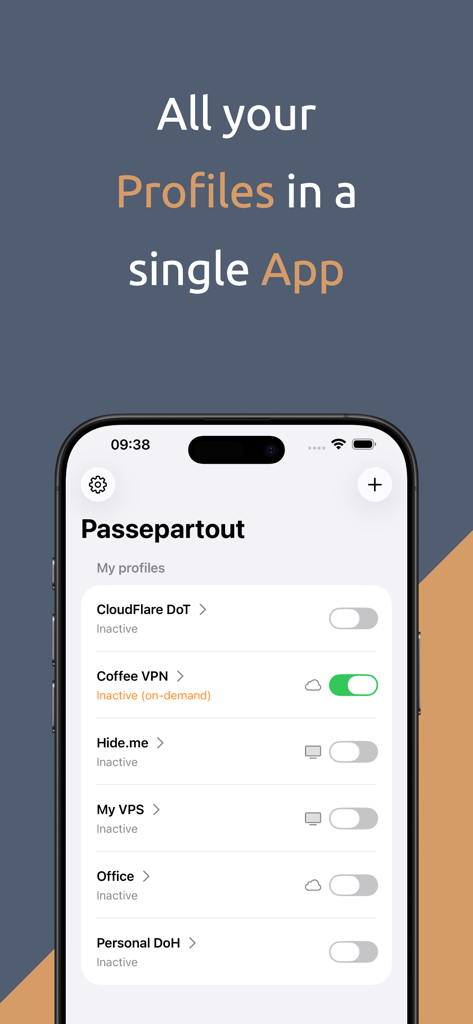Passepartout, VPN Client - Interface of Passepartout VPN app on iPhone showing a list of different network profiles like Coffee VPN and CloudFlare DoT