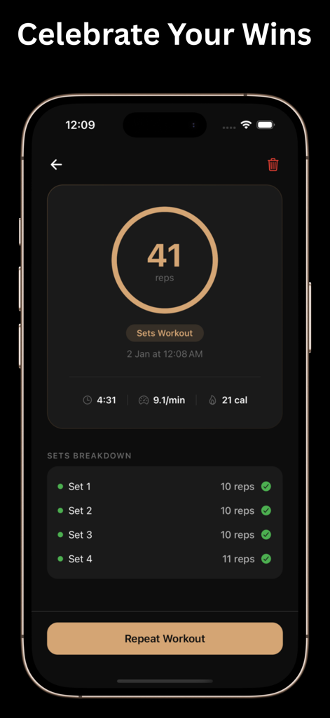 Push Up Counter: PushPro - Écran de résumé de l'application PushPro montrant 41 répétitions de pompes au total et des statistiques d'entraînement