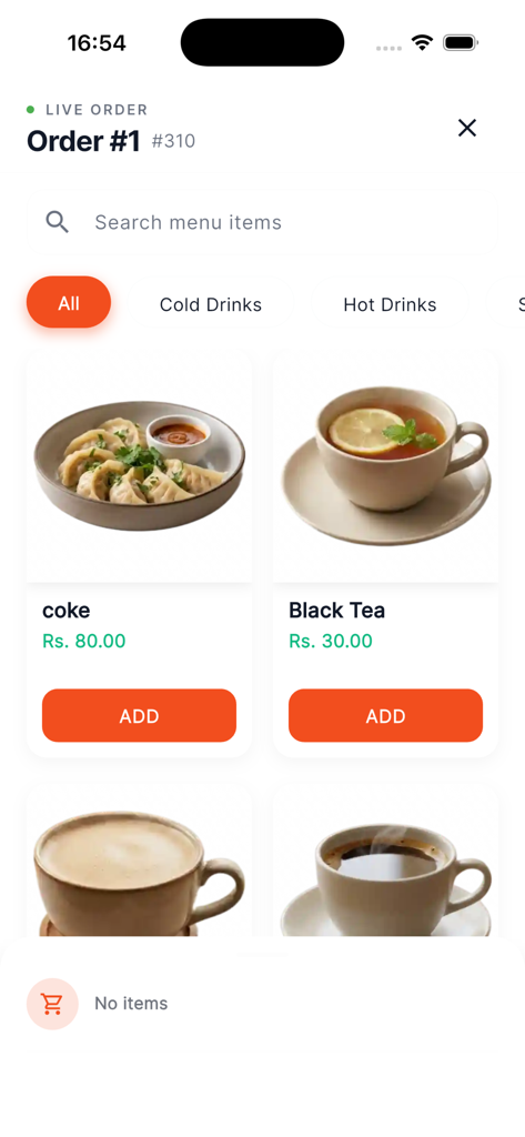 Interfaz de la aplicación móvil Yummy POS que muestra categorías de menú y artículos con botones de agregar para una toma rápida de pedidos.