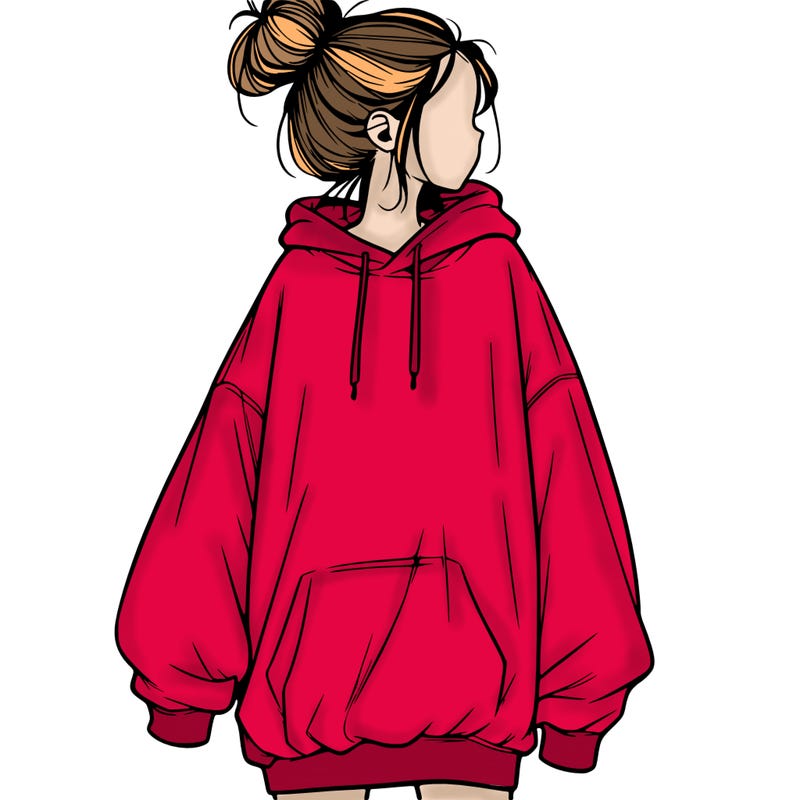 realistic girl with a oversized sweatshirt on and a bun