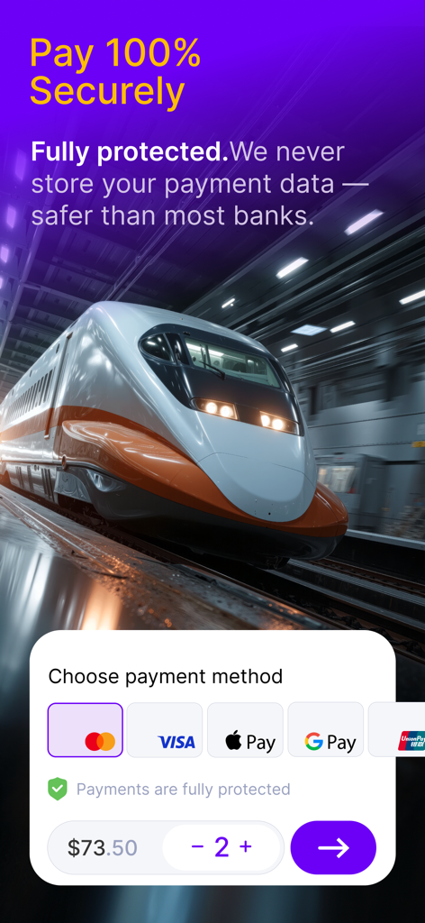 Rail Monsters: Train Tickets - Secure payment screen in the Rail Monsters app with multiple payment methods for train tickets