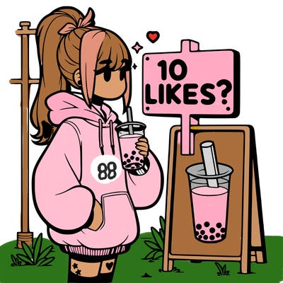 girl with oversized hoodie drinking boba and she has a high ponytail with a sign that says 10likes?