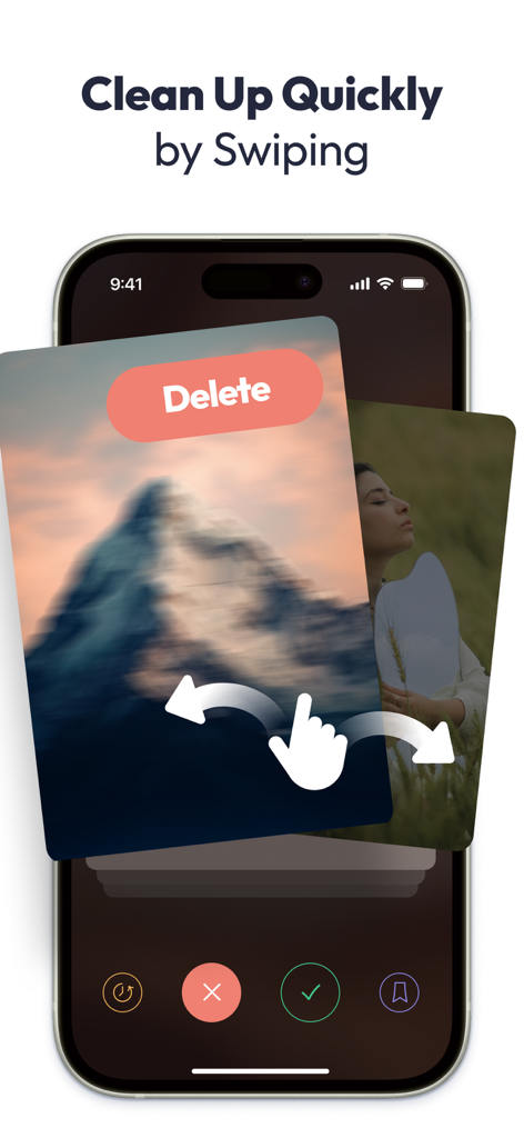 A smartphone showing the Swipe Cleaner app feature where users swipe left to delete photos and clean storage.