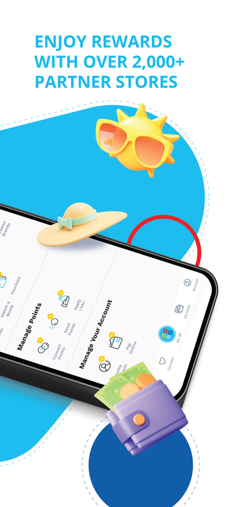 Go Rewards PH - Smartphone displaying the Go Rewards PH app interface with rewards management features and a sunny vacation theme.