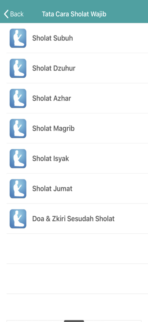 Tata Cara Sholat Lengkap - Pantalla de menú de la aplicación Tata Cara Sholat Lengkap que enumera las oraciones diarias obligatorias como Subuh y Dzuhur en Bahasa Indonesia