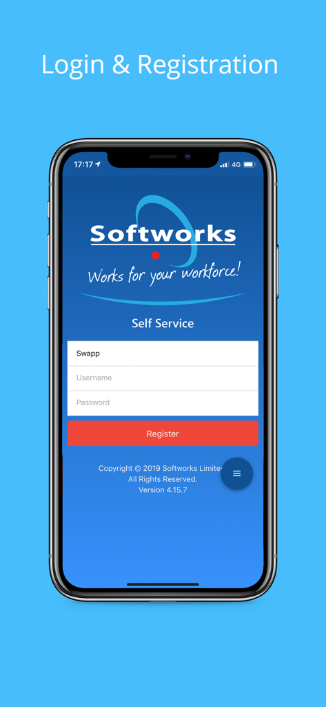 Softworks Self Service App - Softworks Self Service App login and registration screen on a mobile phone