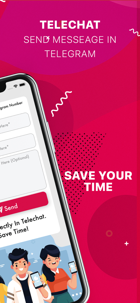 Telechat app interface to send messages on Telegram without saving contacts