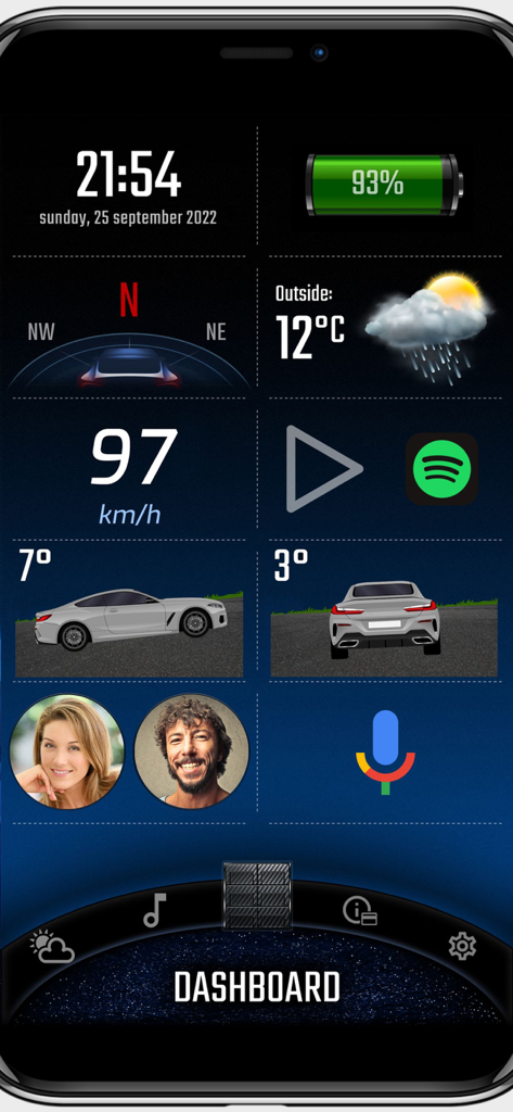 Digital Cockpit - CARID - Digital Cockpit CARID app dashboard with speedometer weather and vehicle inclinometer