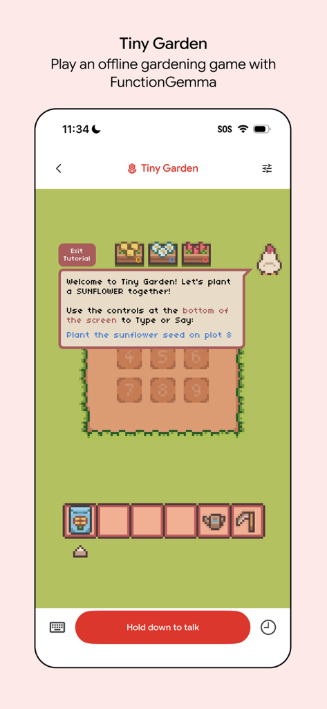 Google AI Edge Gallery - A screenshot of Tiny Garden, an offline pixel art gardening game within the Google AI Edge Gallery app that uses natural language to control actions.