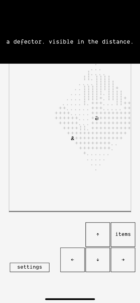 The Ensign - Minimalist text-based gameplay screen of The Ensign showing an ASCII diamond map with directional controls and narrator text.