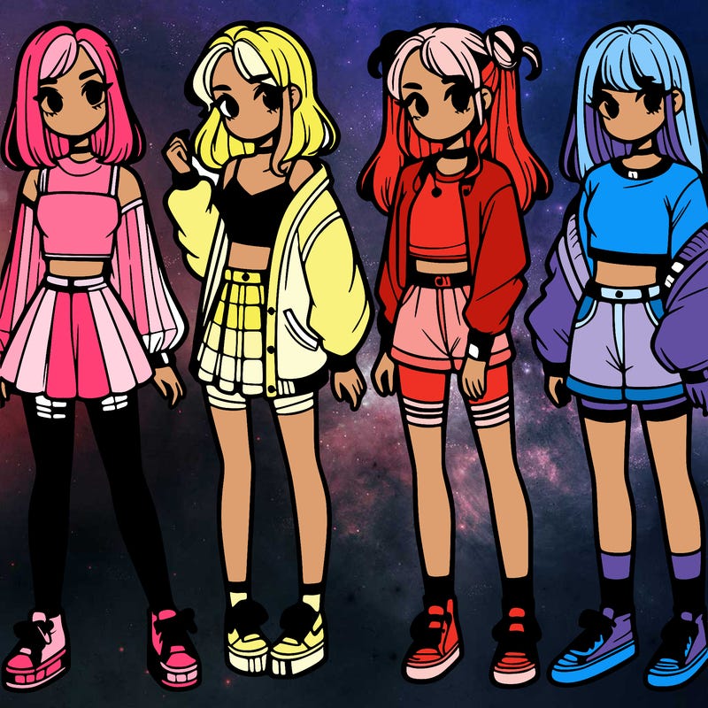 one girl with crop-top shirt and a jacket with a skirt, long socks and another girl with a shirt and pants with a jacket